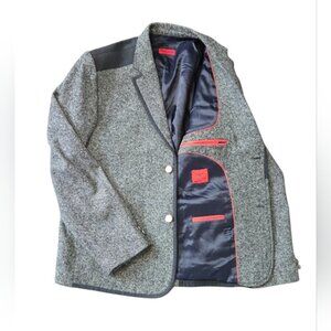 Eton Club Wool Blazer Gray Herringbone Black Contrast Shoulders Western Size 48R